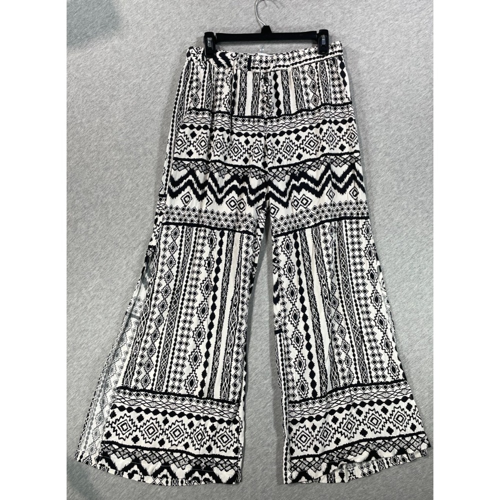 O'Rageous Palazzo Pants Womens Medium Black White Aztec Print Side Slit Wide Leg